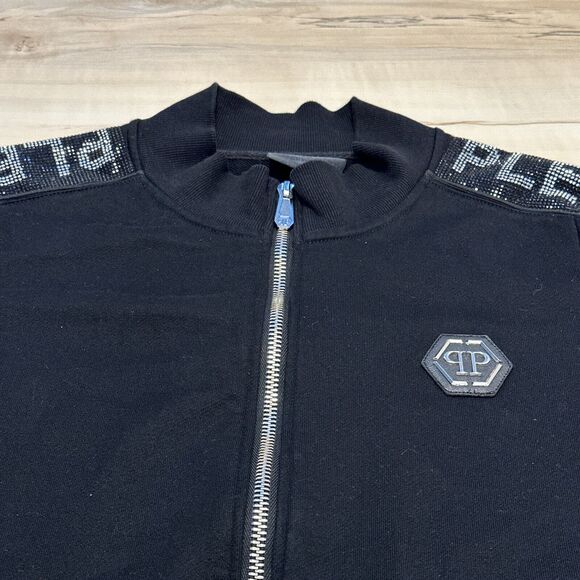 Philipp Plein Men XXL Track Jacket Mockneck Full Zip Crystal Spell out Black - Picture 4 of 14
